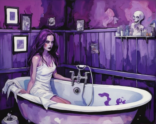 the girl in the bathtub,la violetta,the purple-and-white,bathtub,bath,ipê-purple,sink,bathroom,kitchen sink,pale purple,tub,white purple,white with purple,violet,washroom,purple lilac,purple,milk bath,bath with milk,purple rain,Conceptual Art,Oil color,Oil Color 08