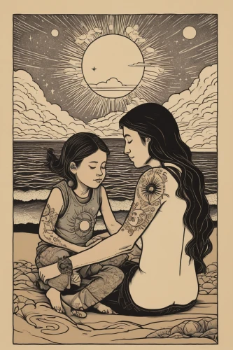 capricorn mother and child,little girl and mother,kate greenaway,girl with a dolphin,mermaids,sun and moon,shirakami-sanchi,believe in mermaids,cool woodblock images,a collection of short stories for children,woodblock prints,hand-drawn illustration,mother earth,cover,book illustration,nautical children,the people in the sea,mother with child,mother and child,coloring page,Illustration,Vector,Vector 15