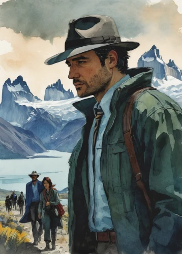 patagonia,puerto natales,american frontier,mountaineers,el capitan,pilgrims,western film,torres del paine,bolivia,mountain guide,gregory peck,western,pamir,game illustration,john day,painting technique,the wanderer,pilgrim,southwestern,montana,Illustration,Paper based,Paper Based 05