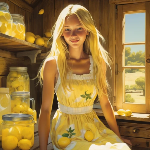 girl in the kitchen,jessamine,yellow daisies,limoncello,girl with bread-and-butter,lemonade,sweet lemon,milkmaid,lemon pie,lemon background,lemons,yellow raspberries,poland lemon,yellow mustard,lemon,margarine,painting eggs,mayonaise,blond girl,yellow jumpsuit,Conceptual Art,Fantasy,Fantasy 07