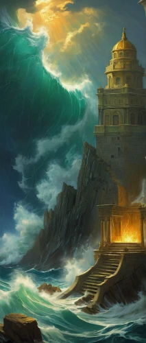 sea shore temple,poseidon,artemis temple,god of the sea,sea storm,fantasy picture,house of the sea,sea landscape,poseidon god face,sea fantasy,fantasy landscape,the ancient world,the wind from the sea,fantasy art,sea god,ocean background,ocean waves,tower of babel,temple of poseidon,the endless sea,Art,Classical Oil Painting,Classical Oil Painting 20