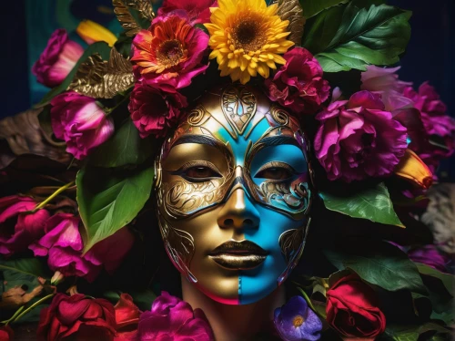 venetian mask,masquerade,girl in a wreath,wreath of flowers,floral composition,kahila garland-lily,golden mask,girl in flowers,golden wreath,gold mask,blooming wreath,tropical bloom,floral design,flower arrangement lying,decorative figure,the carnival of venice,artist's mannequin,headdress,floral wreath,fake flowers,Photography,Artistic Photography,Artistic Photography 08