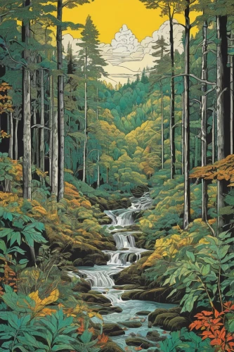 forest landscape,the forests,spruce forest,northwest forest,maine,cartoon forest,mountain scene,forests,coniferous forest,cascades,travel poster,forest background,the forest,brook landscape,fall landscape,oil on canvas,david bates,mountain stream,cool woodblock images,forest,Illustration,Black and White,Black and White 20