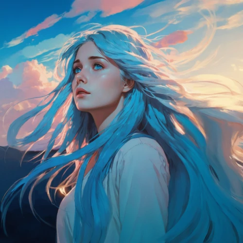fantasy portrait,the wind from the sea,winterblueher,azure,winds,mystical portrait of a girl,wind,blue bird,fantasia,blue painting,elven,digital painting,gale,white bird,ocean blue,sky,world digital painting,jessamine,fantasy picture,bluebird