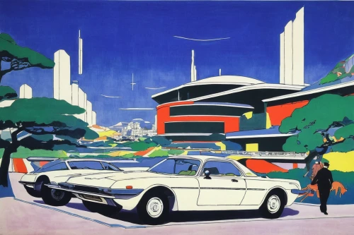 futuristic landscape,futuristic art museum,countach,odaiba,travel poster,mid century modern,modernity,mid century,year of construction 1972-1980,epcot center,city car,ford contour,futuristic car,tokyo,1980s,40 years of the 20th century,art deco,saturn s-series,skyline,chrysler concorde,Art,Artistic Painting,Artistic Painting 40