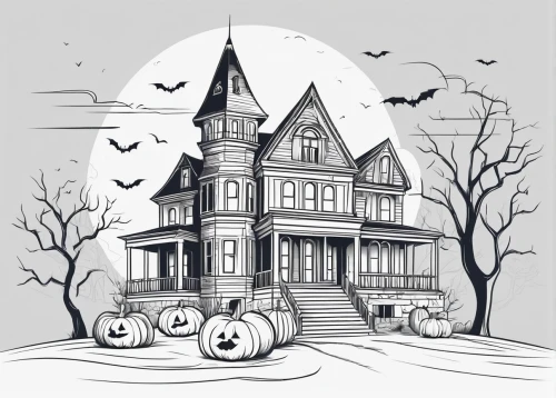 halloween line art,halloween illustration,houses clipart,halloween scene,halloween and horror,halloween vector character,the haunted house,haunted house,halloween background,witch's house,halloween owls,house drawing,halloween ghosts,witch house,halloween travel trailer,halloween poster,halloween decor,halloween decoration,retro halloween,halloween pumpkin gifts,Illustration,Black and White,Black and White 04