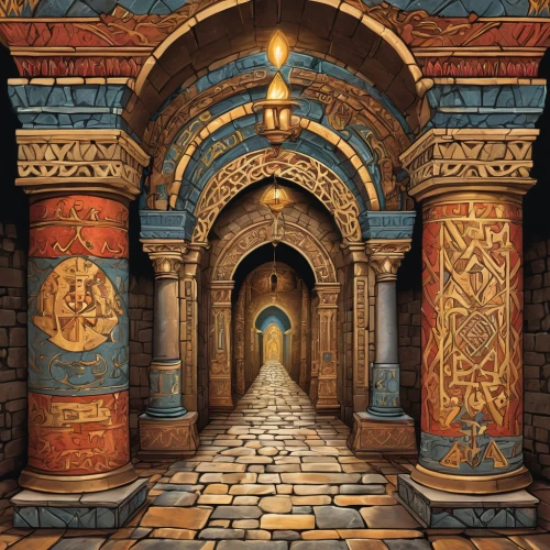 hall of the fallen,the threshold of the house,doorway,portal,fantasy art,crypt,threshold,the mystical path,medieval architecture,hinnom,chamber,backgrounds,labyrinth,cartoon video game background,dungeon,tombs,doors,the door,temples,freemasonry,Illustration,Realistic Fantasy,Realistic Fantasy 42