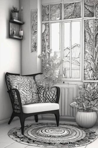 sitting room,floral chair,patterned wood decoration,interior decoration,interior decor,livingroom,living room,shabby-chic,nursery decoration,danish room,3d rendering,floral and bird frame,contemporary decor,decor,window treatment,garden design sydney,backgrounds,home interior,interior design,art nouveau design,Illustration,Black and White,Black and White 11
