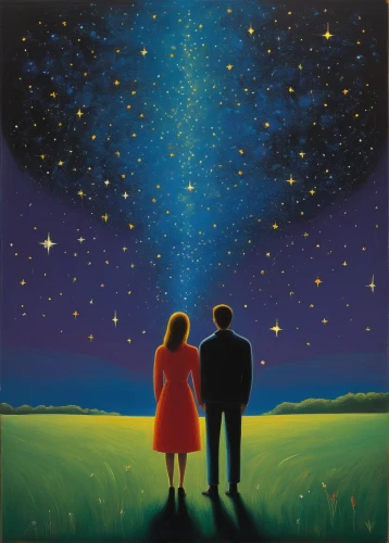 astronomers,the stars,stargazing,night stars,starfield,falling stars,the moon and the stars,oil painting on canvas,night scene,artists of stars,cosmos,vintage couple silhouette,romantic scene,astronomer,couple silhouette,starry sky,two people,man and woman,astronomical,stars,Art,Artistic Painting,Artistic Painting 26