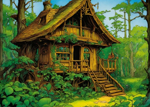 house in the forest,treehouse,log cabin,tree house,log home,wooden house,little house,cabin,small cabin,cottage,witch's house,tree house hotel,fairy house,summer cottage,wooden hut,ancient house,traditional house,small house,timber house,stilt house,Illustration,Realistic Fantasy,Realistic Fantasy 04