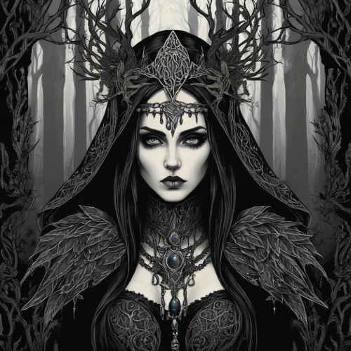 gothic woman,the enchantress,crow queen,gothic portrait,queen of the night,priestess,sorceress,gothic fashion,dark gothic mood,dryad,gothic style,gothic,dark elf,fantasy portrait,goth woman,elven,dark art,huntress,fantasy art,celtic queen,Illustration,Realistic Fantasy,Realistic Fantasy 46