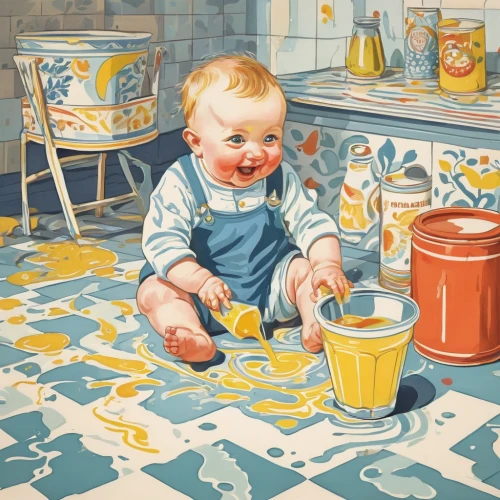 infant formula,margarine,ceramic floor tile,girl in the kitchen,housework,mess in the kitchen,baby food,vintage illustration,domestic life,painting pattern,tile flooring,weaning,cooking oil,baby laughing,spills,vegetable oil,enamel,infant,baby playing with food,yellow wallpaper,Art,Artistic Painting,Artistic Painting 50