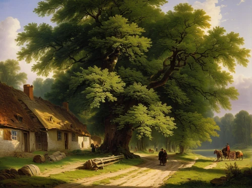 dutch landscape,village scene,rural landscape,groenendael,farm landscape,home landscape,oak tree,hunting scene,idyll,forest landscape,oak,robert duncanson,brook landscape,landscape,farmhouse,zwartnek arassari,green landscape,karrenwiel,girl with tree,kerken,Art,Classical Oil Painting,Classical Oil Painting 10