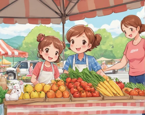 fruit stand,farmer's market,farmers market,fruit market,fruit stands,produce,grocery,summer foods,market,fresh produce,fresh fruits,fresh vegetables,kawaii foods,market vegetables,kawaii vegetables,vegetable market,convenience store,pome fruit family,fruit vegetables,grocery store,Illustration,Japanese style,Japanese Style 01
