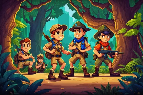 scouts,monkey island,forest workers,boy scouts,game illustration,adventure game,troop,island group,pathfinders,treasure hunt,adventure,sea scouts,kids illustration,hero academy,cartoon forest,scout,game art,monkey gang,villagers,boy scouts of america,Unique,Pixel,Pixel 05