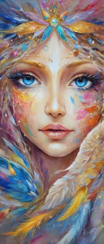 mystical portrait of a girl,fae,faery,amano,fantasy art,psychedelic art,oil painting on canvas,angel's tears,faerie,fantasy portrait,mermaid background,fairy peacock,art painting,chalk drawing,opal,boho art,crystalline,shamanic,aura,world digital painting,Illustration,Realistic Fantasy,Realistic Fantasy 02