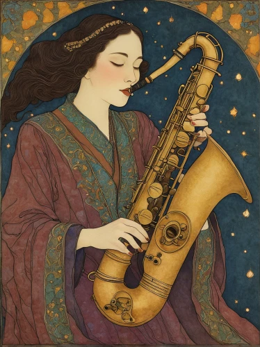 constellation lyre,instrument music,wind instrument,musical instrument,harp player,saxophone,the flute,drawing trumpet,saxophone playing man,saxophonist,instrument,saxhorn,art nouveau,wind instruments,musician,woman playing,flugelhorn,flute,saxophone player,man with saxophone,Illustration,Retro,Retro 17