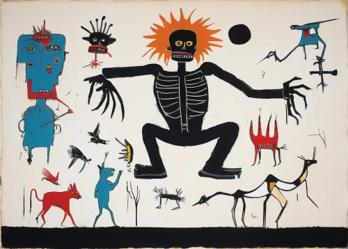 keith haring,folk art,primitive man,indigenous painting,danse macabre,kokopelli,dance of death,voodoo woman,aboriginal painting,effigy,nazca,shamanic,days of the dead,petroglyph art symbols,aztecs,petroglyph figures,african art,primitive dolls,khokhloma painting,vanitas,Art,Artistic Painting,Artistic Painting 51