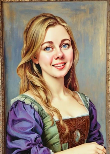 portrait of a girl,girl portrait,oil painting,custom portrait,young woman,rapunzel,artist portrait,girl with bread-and-butter,oil painting on canvas,young girl,woman holding pie,la violetta,romantic portrait,painting technique,portrait of a woman,woman portrait,young lady,fantasy portrait,the girl's face,girl in a historic way