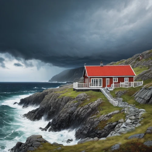 fisherman's hut,norway coast,fisherman's house,lonely house,norway island,newfoundland,nordland,home landscape,danish house,red lighthouse,icelandic houses,faroe islands,holiday home,coastal landscape,light station,light house,red roof,lighthouse,summer cottage,electric lighthouse,Illustration,Abstract Fantasy,Abstract Fantasy 04