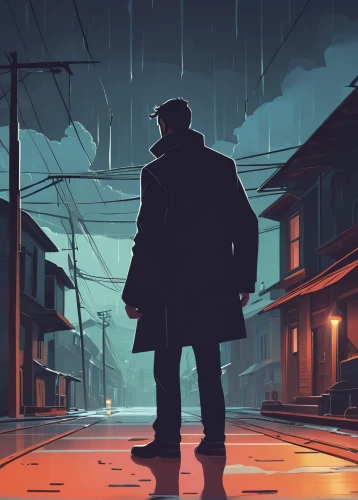 walking in the rain,rainy,man with umbrella,detective,alleyway,walking man,heavy rain,pedestrian,alley,game illustration,in the rain,wanderer,digital painting,overcoat,rain,stranger,atmosphere,rainy day,stroll,rainstorm,Illustration,Vector,Vector 05