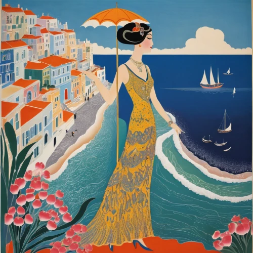 positano,travel poster,art deco woman,italian poster,portofino,capri,lipari,amalfi,campania,apulia,cadaques,alghero,liguria,balearica,sicily,lido di ostia,mediterranean,aeolian islands,mallorca,puglia,Illustration,Retro,Retro 26