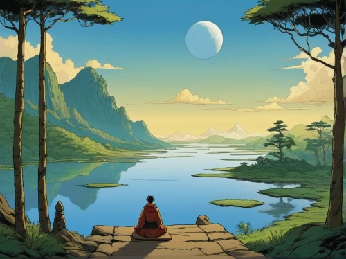 landscape background,world digital painting,theravada buddhism,zen,vipassana,an island far away landscape,tranquility,fantasy landscape,buddhists monks,cartoon video game background,the mystical path,somtum,high landscape,earth rise,tea zen,japan landscape,meditation,mountain world,buddha focus,mountain scene,Illustration,Children,Children 05