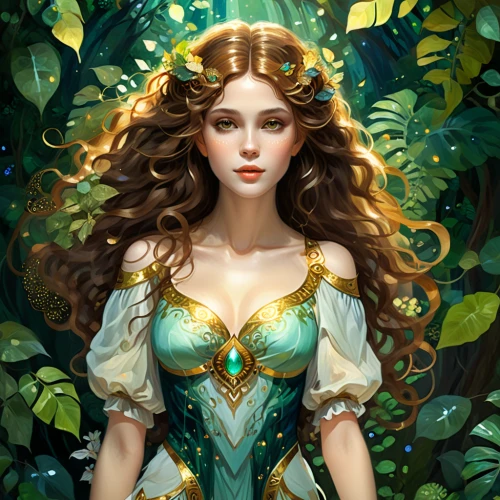 fantasy portrait,merida,dryad,the enchantress,faerie,fantasy woman,fantasy art,celtic queen,fairy queen,faery,fairy tale character,flora,fae,fantasy picture,poison ivy,artemisia,rusalka,golden wreath,elven,background ivy,Illustration,Realistic Fantasy,Realistic Fantasy 01