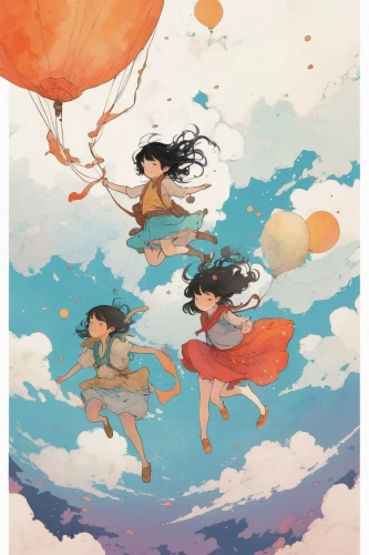 flying girl,flying seeds,flying seed,fairies aloft,fall from the clouds,weightless,flying birds,bird robins,summer sky,flying noodles,airships,flying dandelions,float,floats,airship,gravity,floating,kites,winds,moons,Illustration,Paper based,Paper Based 19