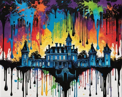 haunted castle,ghost castle,the haunted house,haunted house,graffiti splatter,paint splatter,haunted cathedral,splatter,graffiti art,fairy tale castle,fairytale castle,castles,disney castle,drip castle,magic castle,fireworks art,psychedelic art,gothic style,colorful city,castle of the corvin,Conceptual Art,Graffiti Art,Graffiti Art 08