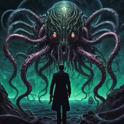 kraken,octopus,sci fiction illustration,calamari,god of the sea,tentacles,the collector,the thing,cephalopod,game illustration,symbiotic,sea god,hinnom,supernatural creature,tentacle,cuthulu,three eyed monster,gorgon,octopus tentacles,iridigorgia,Illustration,Realistic Fantasy,Realistic Fantasy 47