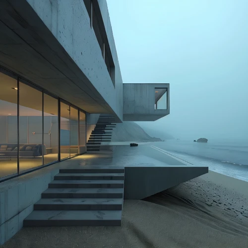 dunes house,futuristic architecture,beach house,cubic house,modern architecture,exposed concrete,house by the water,cube stilt houses,futuristic art museum,concrete ship,beachhouse,seaside view,archidaily,house of the sea,lifeguard tower,infinity swimming pool,cube house,japanese architecture,walkway,modern house