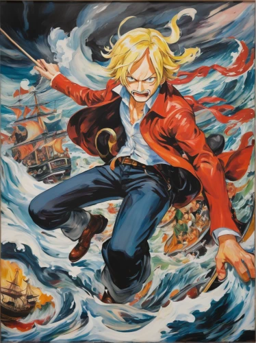 sanji,fullmetal alchemist edward elric,my hero academia,darjeeling,graf-zepplin,rainmaker,playmat,scarlet sail,oil on canvas,sea god,boruto,god of the sea,explosion,trunks,noah,cloud,uruburu,onepiece,kame sennin,oil painting on canvas,Conceptual Art,Oil color,Oil Color 18