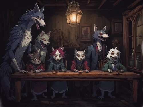 tavern,izakaya,drinking establishment,advisors,card game,tutoring,family dinner,chess game,dining,gnomes at table,tailor,dinner party,villagers,poker,apothecary,poker table,wolves,dog cafe,teatime,drinking party,Illustration,Paper based,Paper Based 14