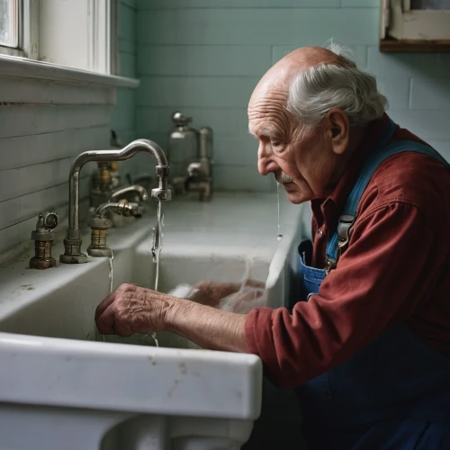plumbing,elderly man,plumbing fixture,plumbing fitting,plumber,hand washing,repairman,elderly person,washing dishes,faucets,washing hands,water tap,care for the elderly,elderly people,bathtub spout,kitchen sink,soft water,faucet,basin,laundress,Conceptual Art,Oil color,Oil Color 05