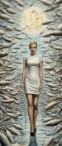 calyx-doctor fish white,the blonde in the river,the sea maid,soused herring,capelin,sardine,the people in the sea,adrift,photo manipulation,god of the sea,girl on the boat,photomanipulation,doctor fish,surrealism,herring,ocean pollution,image manipulation,paddler,water hazard,surrealistic,Illustration,Black and White,Black and White 07