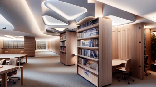 school design,study room,bookshelves,ceiling lighting,lecture room,3d rendering,ufo interior,modern office,daylighting,library,lecture hall,reading room,ceiling construction,sky space concept,ceiling lamp,creative office,bookcase,shelving,bookshelf,conference room