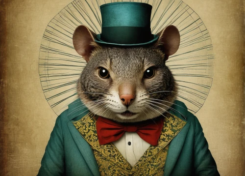 musical rodent,anthropomorphized animals,dormouse,color rat,gold agouti,animals play dress-up,year of the rat,rodent,ringmaster,aristocrat,ratatouille,silver agouti,gerbil,cat sparrow,hatter,rodents,rat na,splinter,circus animal,whimsical animals,Illustration,Realistic Fantasy,Realistic Fantasy 35