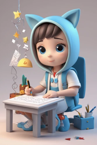 cute cartoon character,girl studying,animator,cute cartoon image,character animation,clay animation,kids illustration,illustrator,3d render,table artist,3d model,3d rendered,digital compositing,3d figure,cinema 4d,cyan,animated cartoon,low-poly,animation,anime 3d,Unique,3D,3D Character