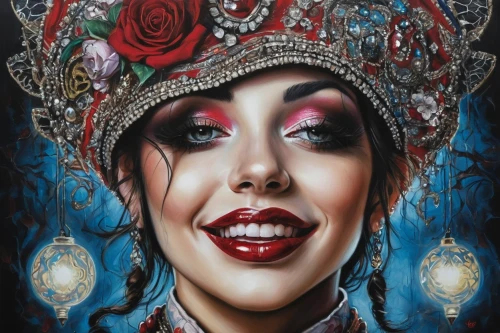 queen of hearts,boho art,gypsy soul,miss circassian,oriental princess,oil painting on canvas,fantasy portrait,fantasy art,gypsy,la calavera catrina,queen of the night,art painting,victorian lady,queen crown,crowned,venetian mask,fortune teller,oil on canvas,la catrina,lady of the night,Illustration,Realistic Fantasy,Realistic Fantasy 10