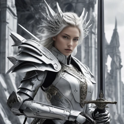 female warrior,white rose snow queen,joan of arc,ice queen,paladin,heroic fantasy,silver,the snow queen,excalibur,swordswoman,silver arrow,warrior woman,dark elf,cullen skink,knight armor,fantasy warrior,male elf,fantasy woman,fantasy art,fantasy portrait,Photography,Black and white photography,Black and White Photography 07