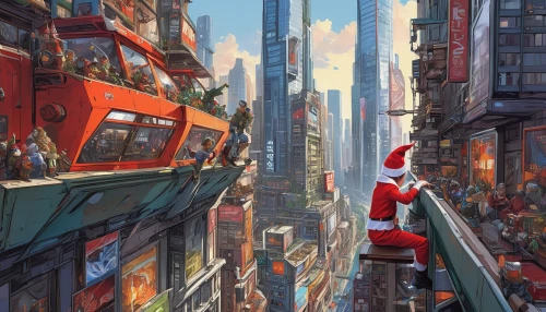 santarun,sci fiction illustration,santa claus train,fantasy city,metropolis,santa sleigh,santa and girl,futuristic landscape,sky train,elves flight,smart city,santa clauses,world digital painting,big city,time square,sky city,cityscape,skycraper,hong kong,kowloon,Conceptual Art,Fantasy,Fantasy 08