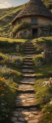 hobbiton,home landscape,ancient house,studio ghibli,hobbit,lonely house,little house,fantasy landscape,landscape background,violet evergarden,alpine village,the threshold of the house,cottage,green meadow,clover meadow,house in mountains,witch's house,fantasy picture,salt meadow landscape,small house,Photography,General,Natural