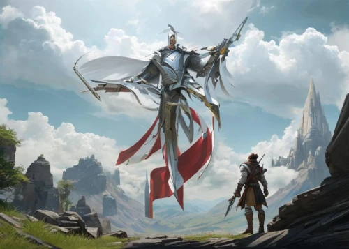 excalibur,heroic fantasy,paladin,the wanderer,fantasy picture,wind warrior,cg artwork,fantasy art,concept art,sentinel,archangel,light bearer,scythe,ascension,guards of the canyon,fantasy warrior,the archangel,game illustration,game art,magi,Common,Common,Game