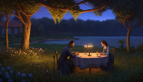 romantic dinner,romantic scene,romantic night,dinner for two,the night of kupala,summer evening,romantic meeting,midsummer,candle light dinner,idyll,evening atmosphere,tea-lights,candlelights,picnic,romantic,candlelight,candle light,date night,date,outdoor dining,Illustration,Realistic Fantasy,Realistic Fantasy 28