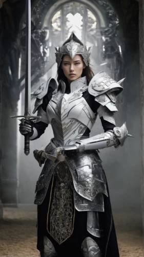 female warrior,joan of arc,knight armor,swordswoman,warrior woman,paladin,silver,crusader,armored,sterntaler,templar,shuanghuan noble,fantasy warrior,cuirass,armor,mulan,imperial coat,huntress,jaya,armour