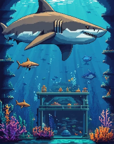 aquarium,aquarium decor,aquarium inhabitants,requiem shark,underwater background,dolphin background,pixel art,aquariums,shark,marine tank,ocean background,aquaculture,sharks,underwater world,under the water,cartoon video game background,game illustration,great white shark,under the sea,underwater playground,Unique,Pixel,Pixel 01