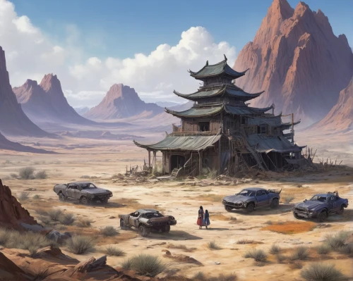 desert landscape,desert desert landscape,ancient city,kurai steppe,fantasy landscape,futuristic landscape,background with stones,desert background,arid landscape,steppe,inner mongolia,gobi desert,stone desert,ancient buildings,post-apocalyptic landscape,wasteland,the desert,capture desert,world digital painting,mountain settlement,Conceptual Art,Daily,Daily 01