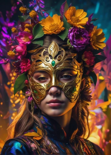 masquerade,golden mask,gold mask,venetian mask,kahila garland-lily,fantasy portrait,girl in flowers,golden flowers,golden wreath,mystical portrait of a girl,the festival of colors,fantasy art,gold flower,girl in a wreath,face paint,world digital painting,golden crown,flower nectar,the carnival of venice,beautiful girl with flowers,Photography,Artistic Photography,Artistic Photography 08