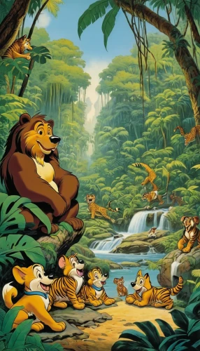 animal kingdom,forest animals,the lion king,cartoon forest,woodland animals,lion king,king of the jungle,circle of life,ccc animals,hunting scene,lion children,children's background,disney,animal world,animals hunting,disneyland park,lion father,the law of the jungle,lions,monkey family,Illustration,Retro,Retro 18